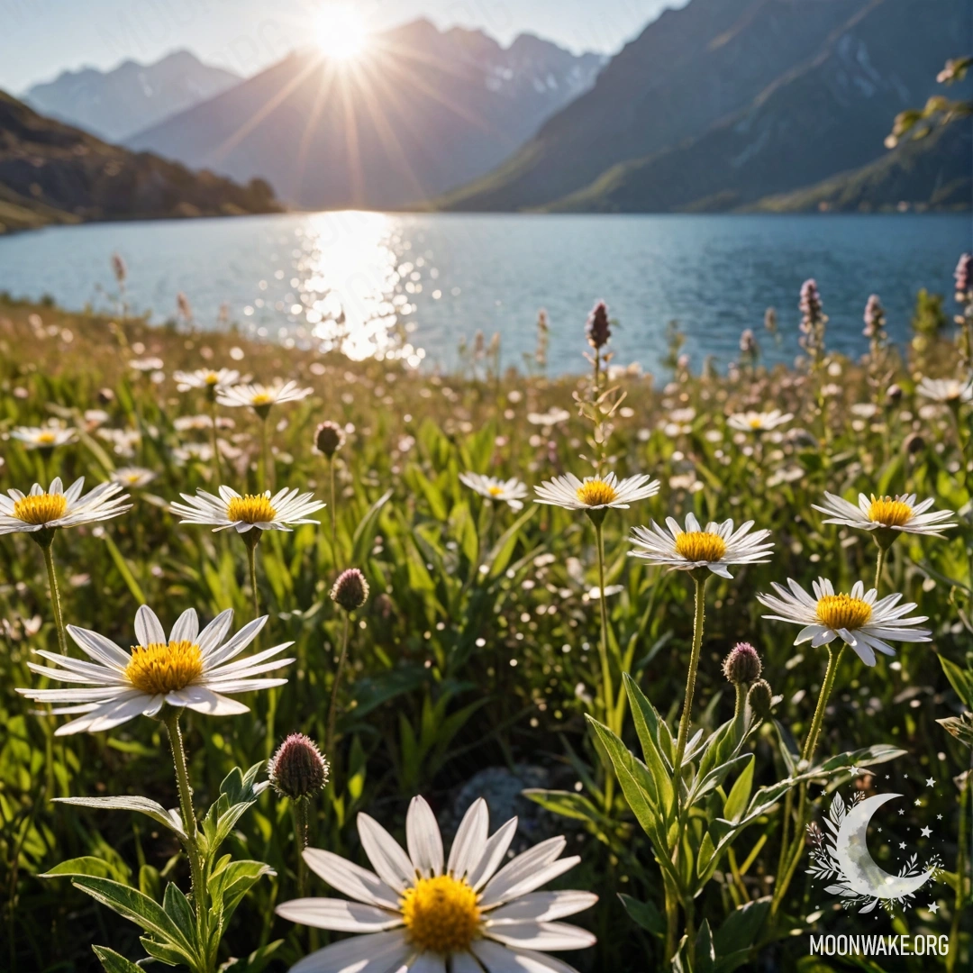 Calm Field Flowers and Mountain Lake Close-up of delicate flowers in a calm field with a blurred mountain lake background, illuminated by sun rays.