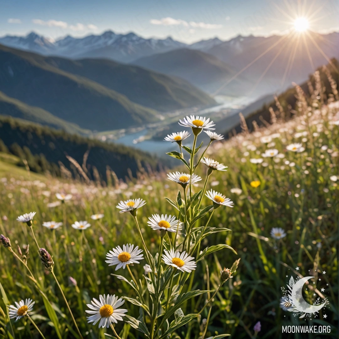 Tranquil Wildflowers and Majestic Mountains Close-up of delicate wildflowers in a serene field with mountains in the background, illuminated by sun rays.