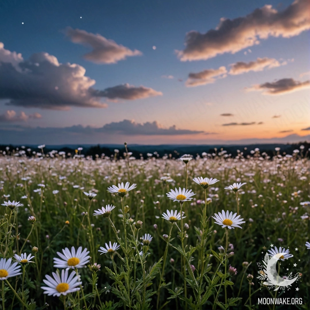 Calm Field Flowers at Night Close-up of flowers in a calm field against a bokeh sky with clouds at night.