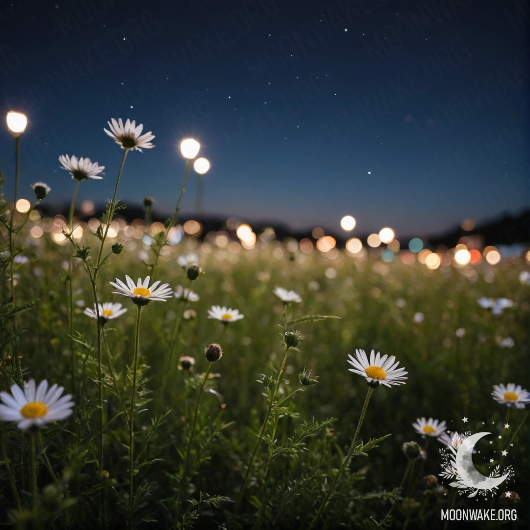 Close-up of delicate flowers in a calm field against a blurred night sky.