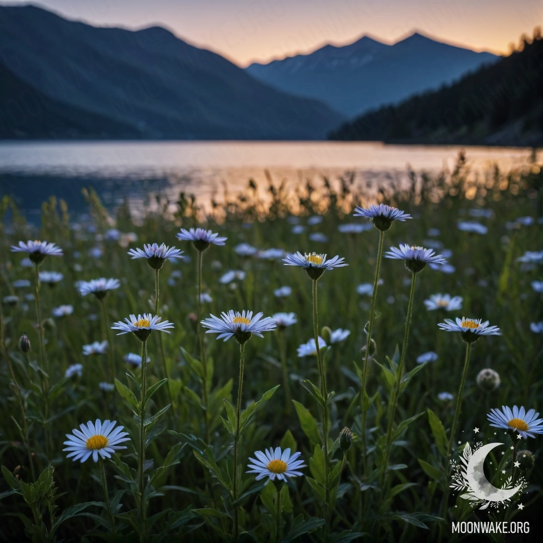 Tranquil Meadow Flowers at Night Close-up of delicate flowers in a calm field, with a shimmering lake in the background under the night sky.