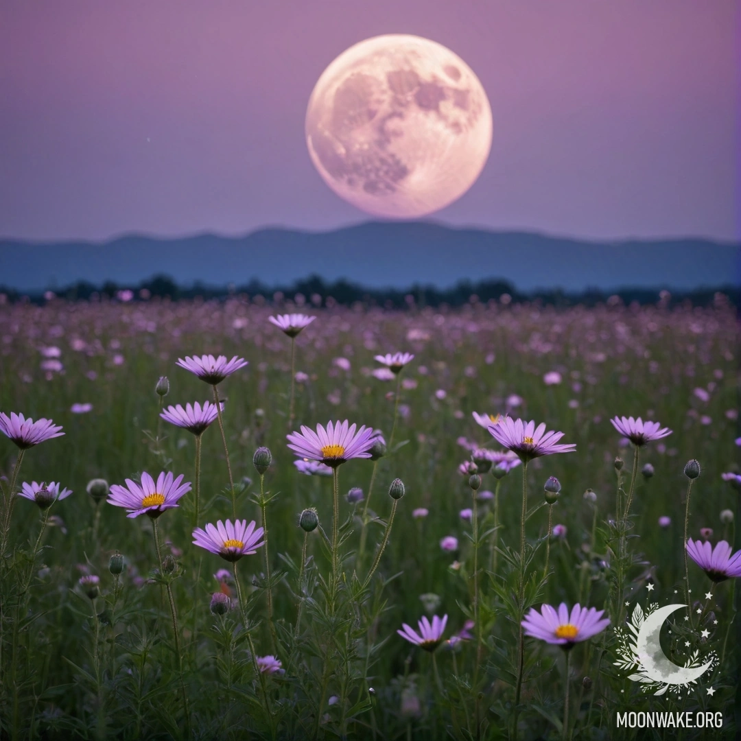 Close-up of colorful flowers in a field with a pink violet sky and a moon at night.