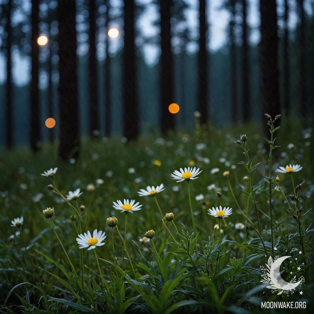 Close-up of delicate flowers in a calm field with a blurred forest background at night.