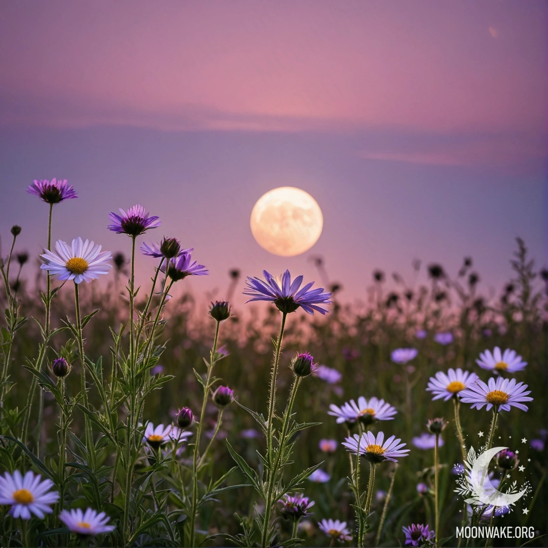 Close-up of delicate field flowers with a pink violet sky and moon in the background.