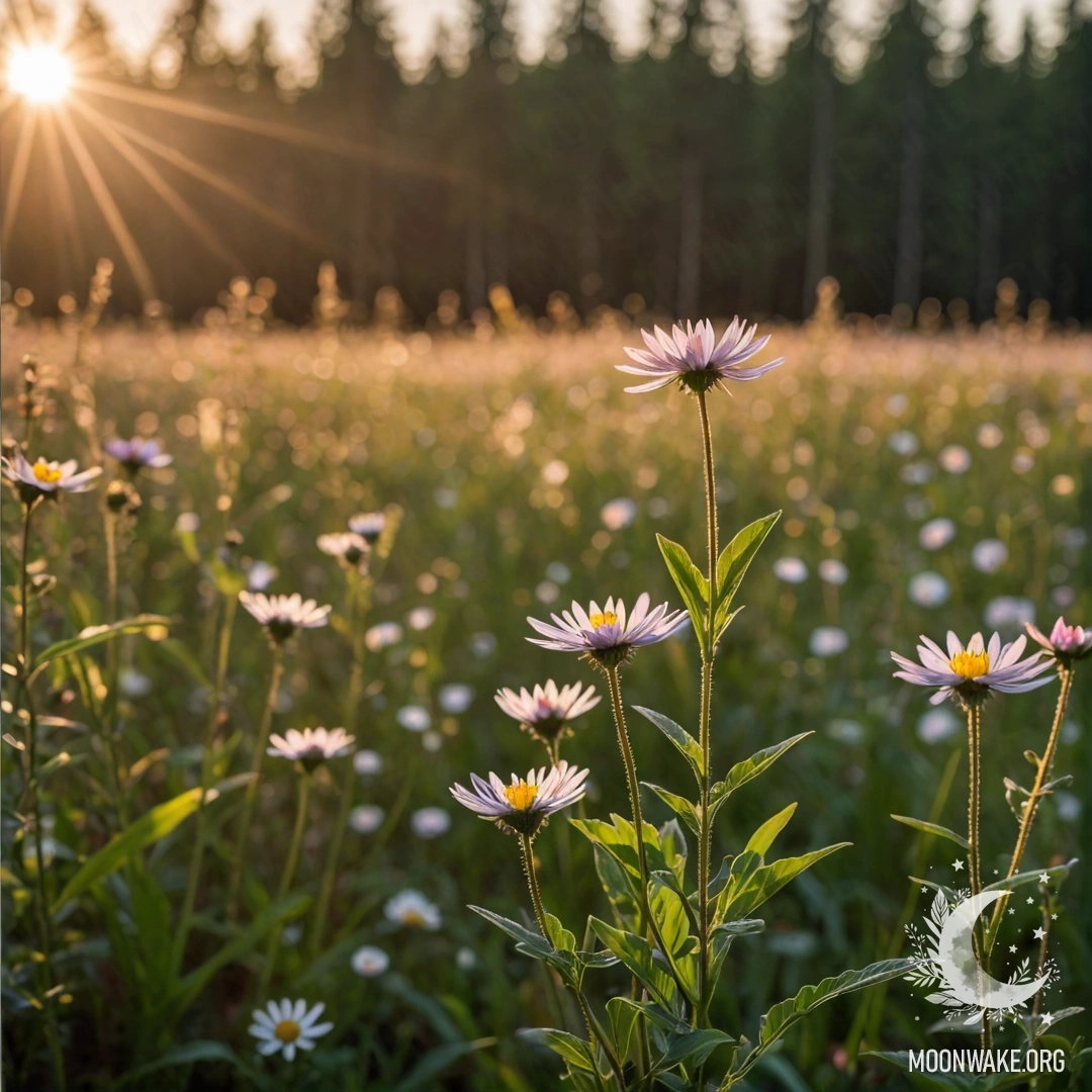 Close-up of flowers in a calm field with a blurred forest background during sunset.