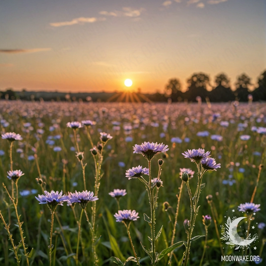 Close-up of colorful flowers in a tranquil field under a bokeh sky at sunset.