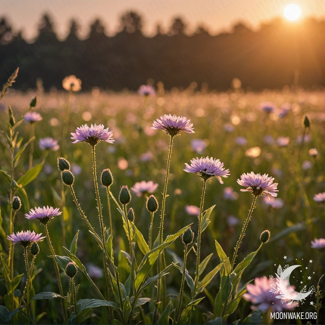 Calm Field of Flowers at Sunset Close-up of colorful flowers in a calm field against a blurry sunset background.