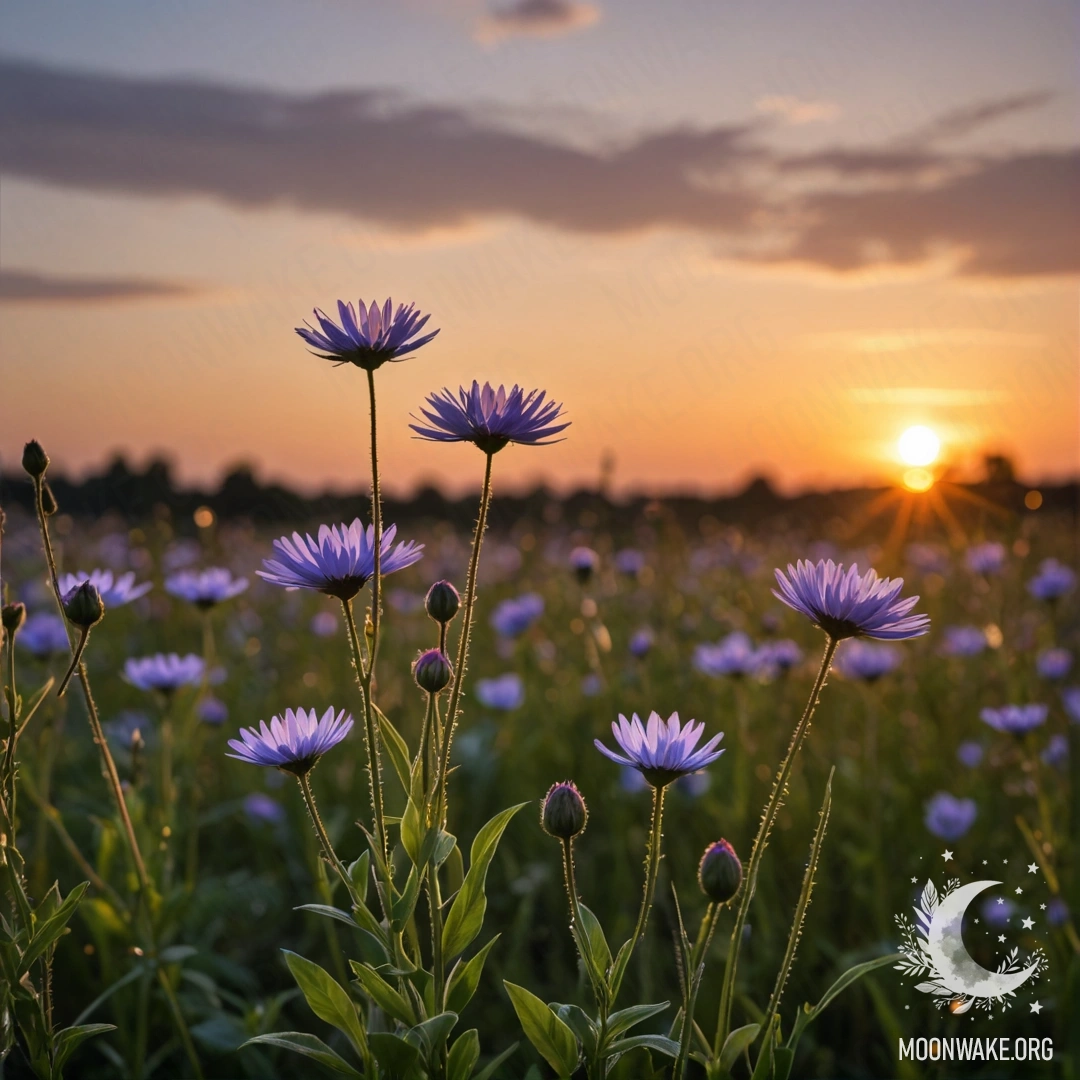 Calm Field Flowers at Sunset A close-up of field flowers against a softly blurred sunset background.