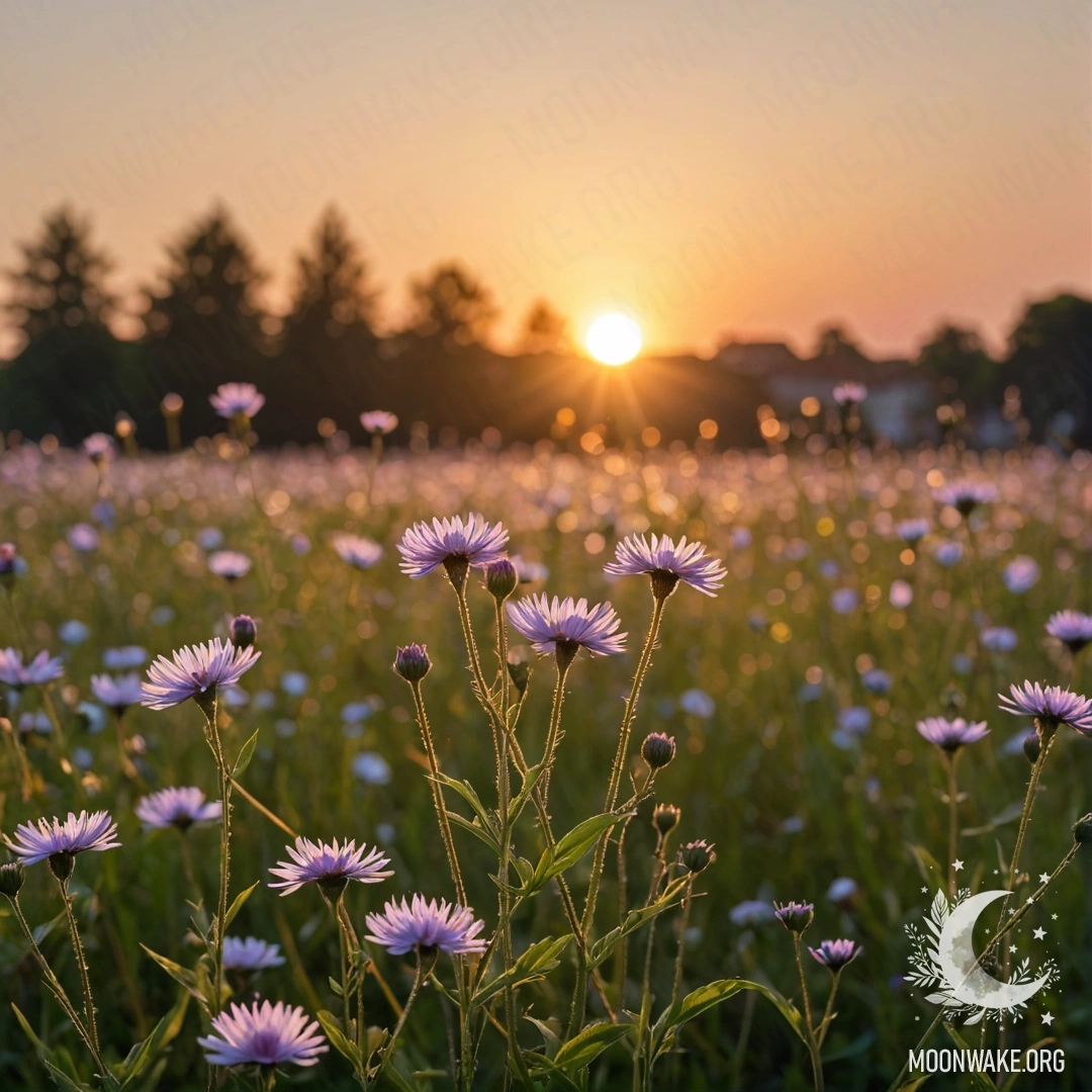 Close-up of flowers in a calm field against a bokeh sunset.