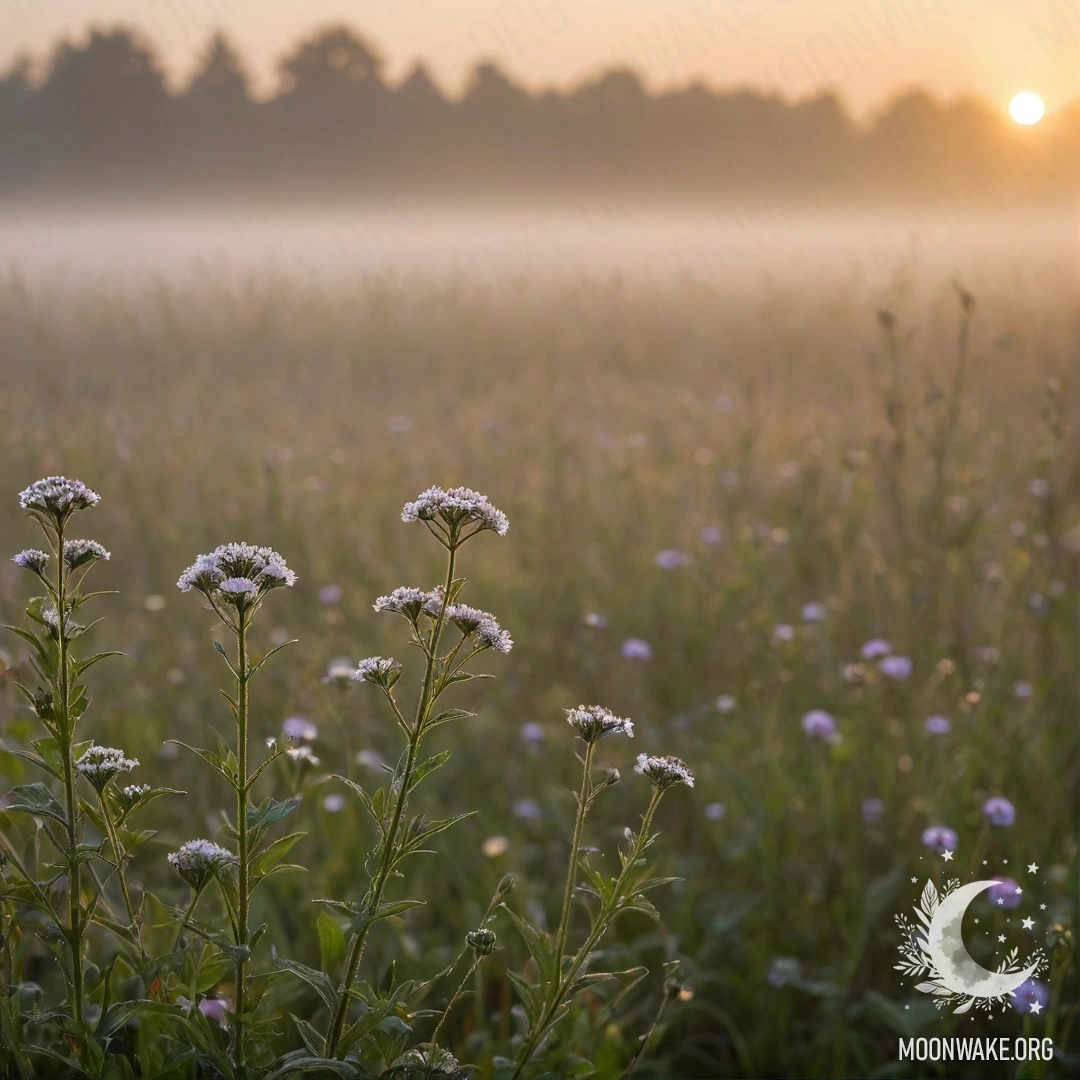 Close-up of colorful flowers in a misty field during sunset