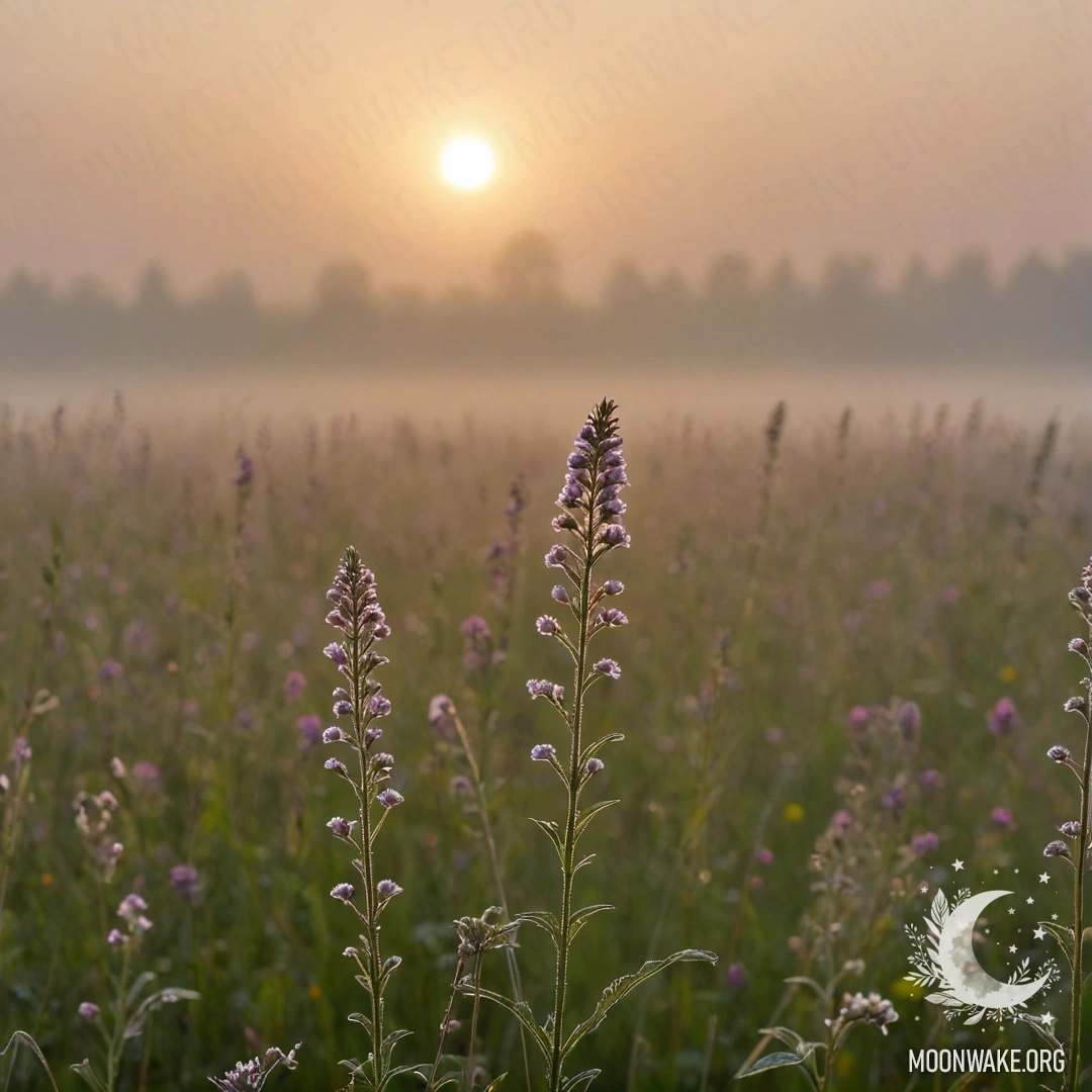 Close-up of delicate flowers in a calm field with a bokeh sunset and dense fog.