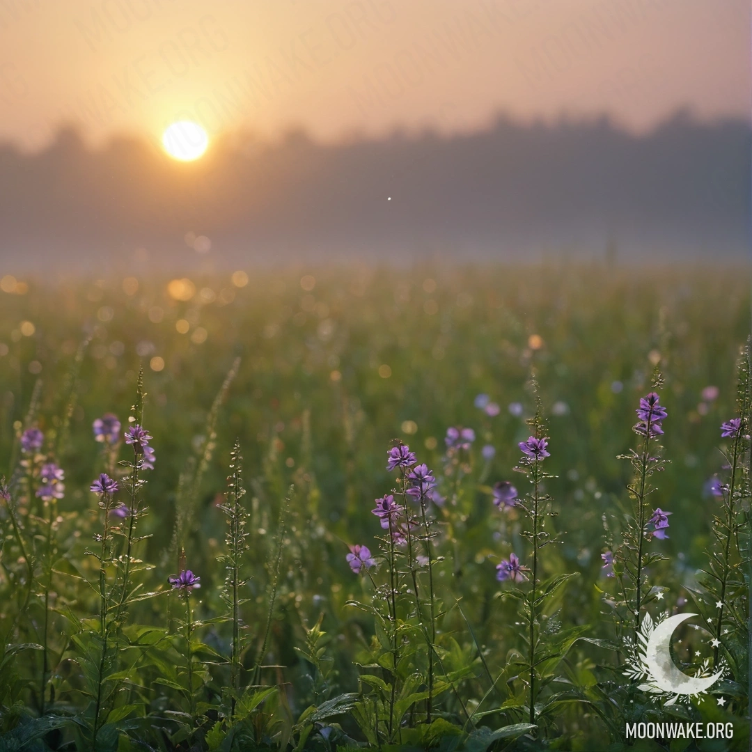 A close-up of delicate flowers in a calm field against a blurred background of a foggy sunset with light rain.