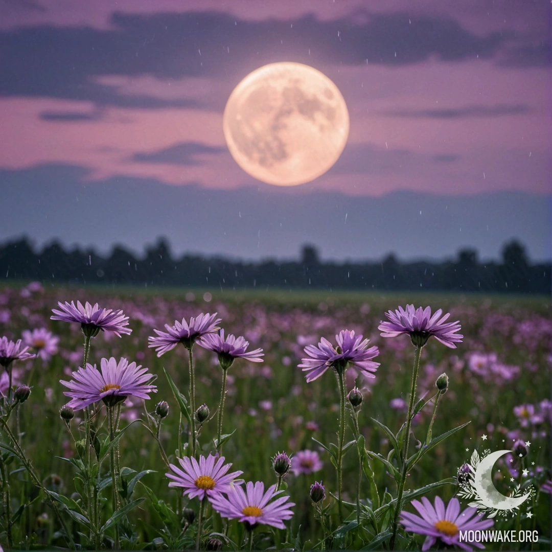 Calm Field of Flowers Under a Twilight Sky Close-up of flowers in a calm field against a pink violet sky with the moon.