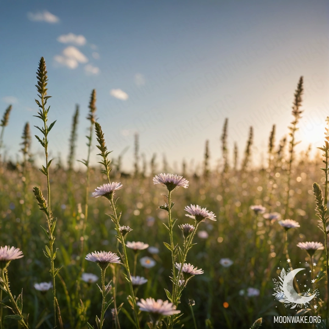 Serene Field of Flowers Close-up of delicate flowers in a field against a blurred sky with lens flares.