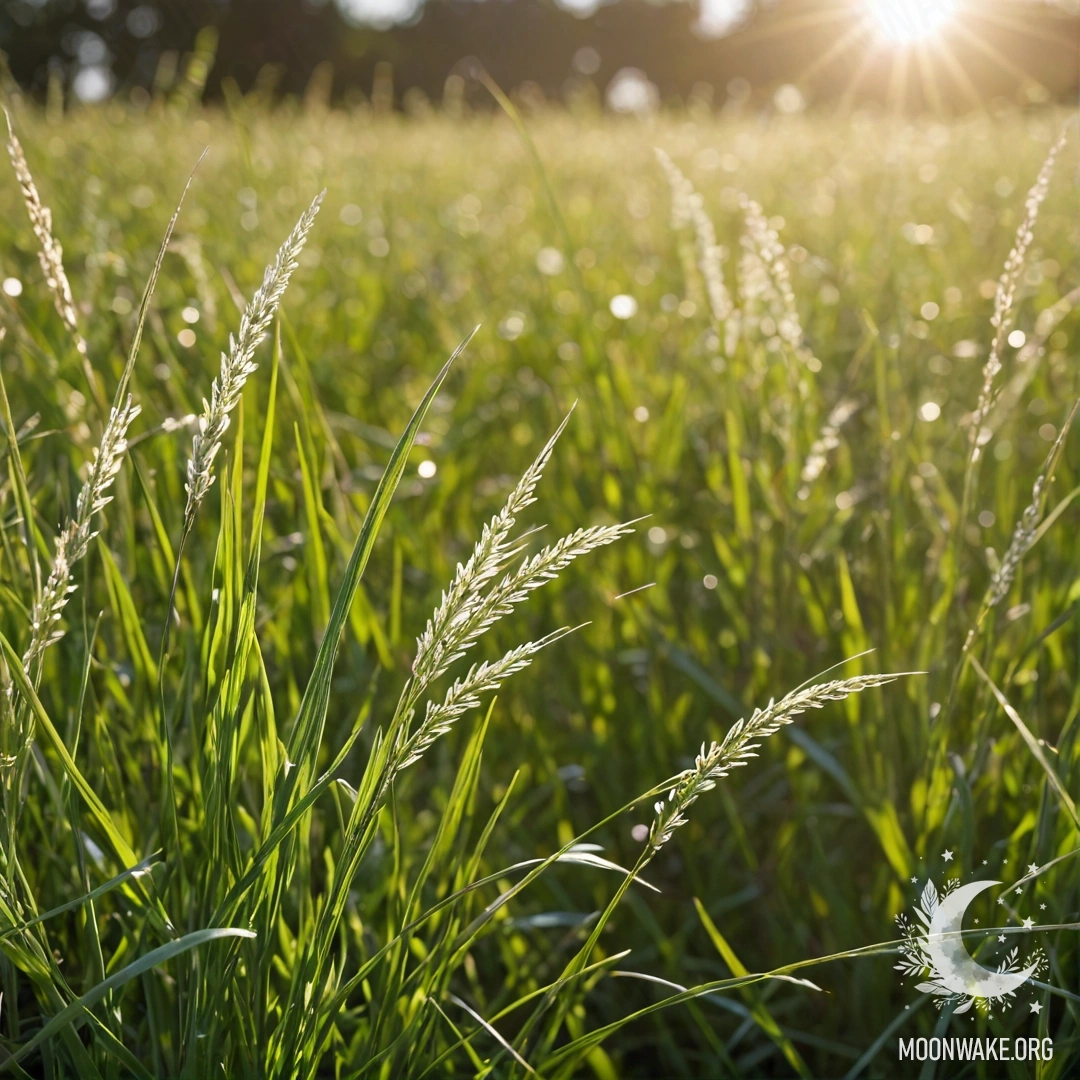 Serene Meadow Embracing Sunlight A close-up view of grass in a calm field with bokeh flowers in the background under the sun.
