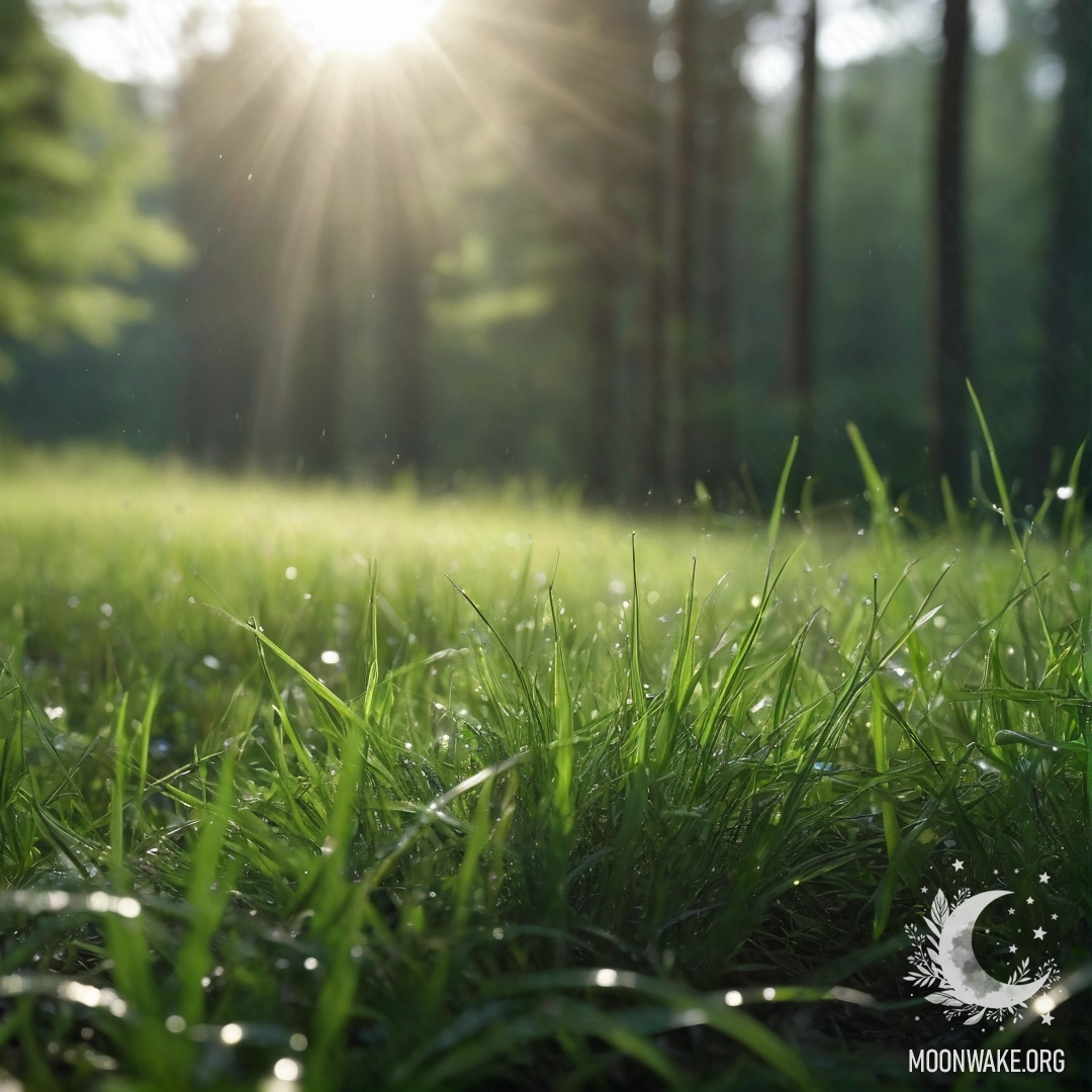 Close-up of soft grass in a tranquil field with blurred trees in the background and sunlight streaming through.