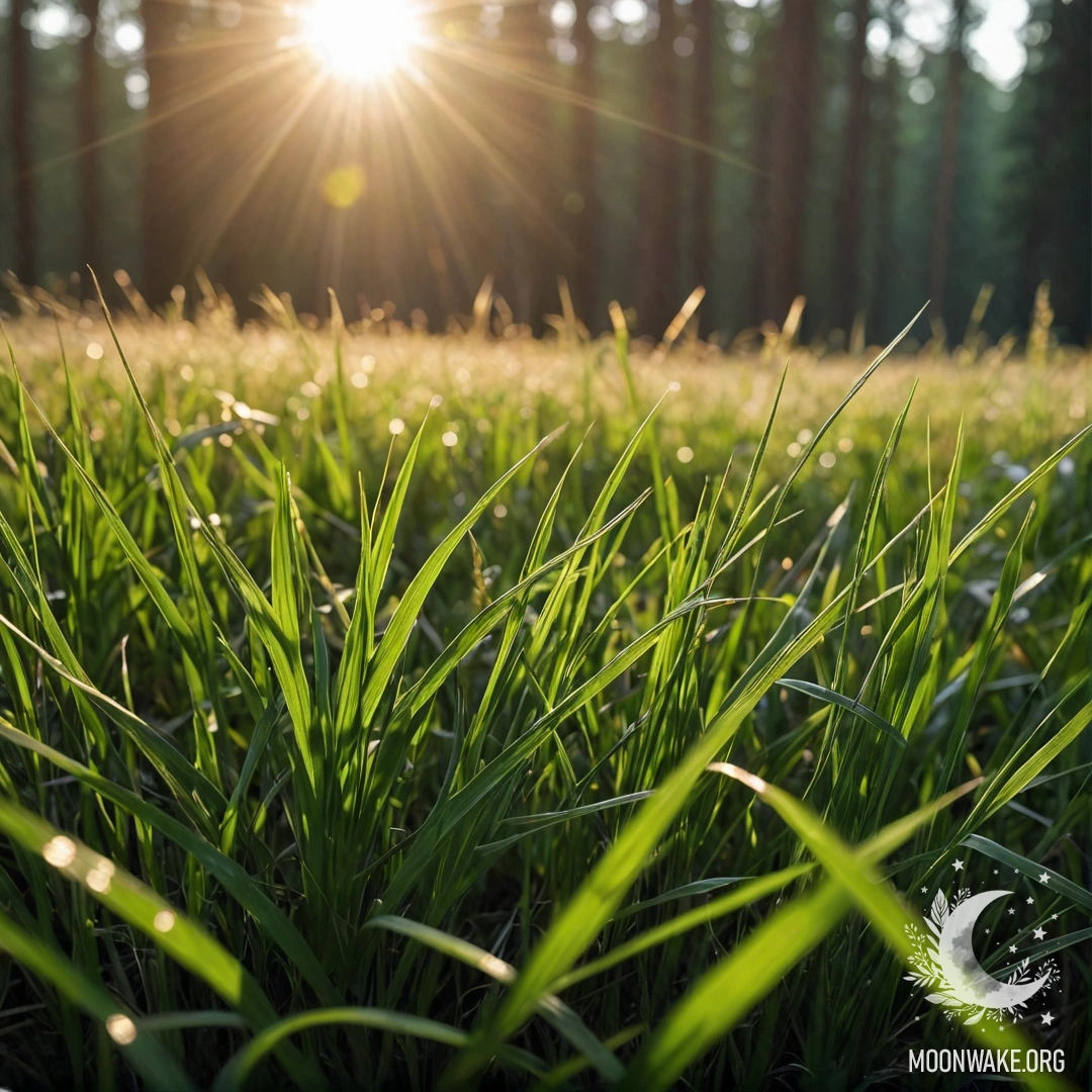 Close-up of grass in a calm field illuminated by soft sun rays at night, with a blurred forest background.