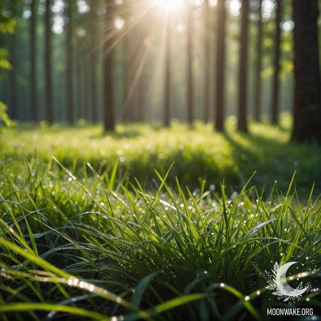 Close-up of grass in a calm field with a bokeh forest in the background and rays of sunlight filtering through the trees.