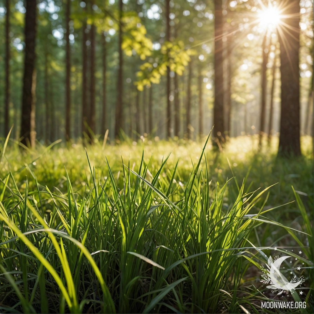 Close-up of calm grass field against a blurred forest background, illuminated by soft sun rays.