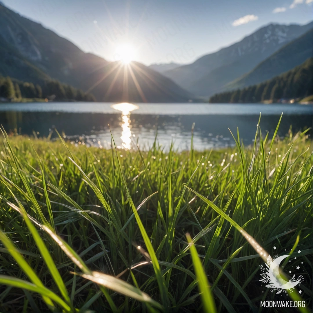 Calm Field with Bokeh and Lens Flares Close-up of grass in a calm field against a blurred mountain lake background with lens flares.