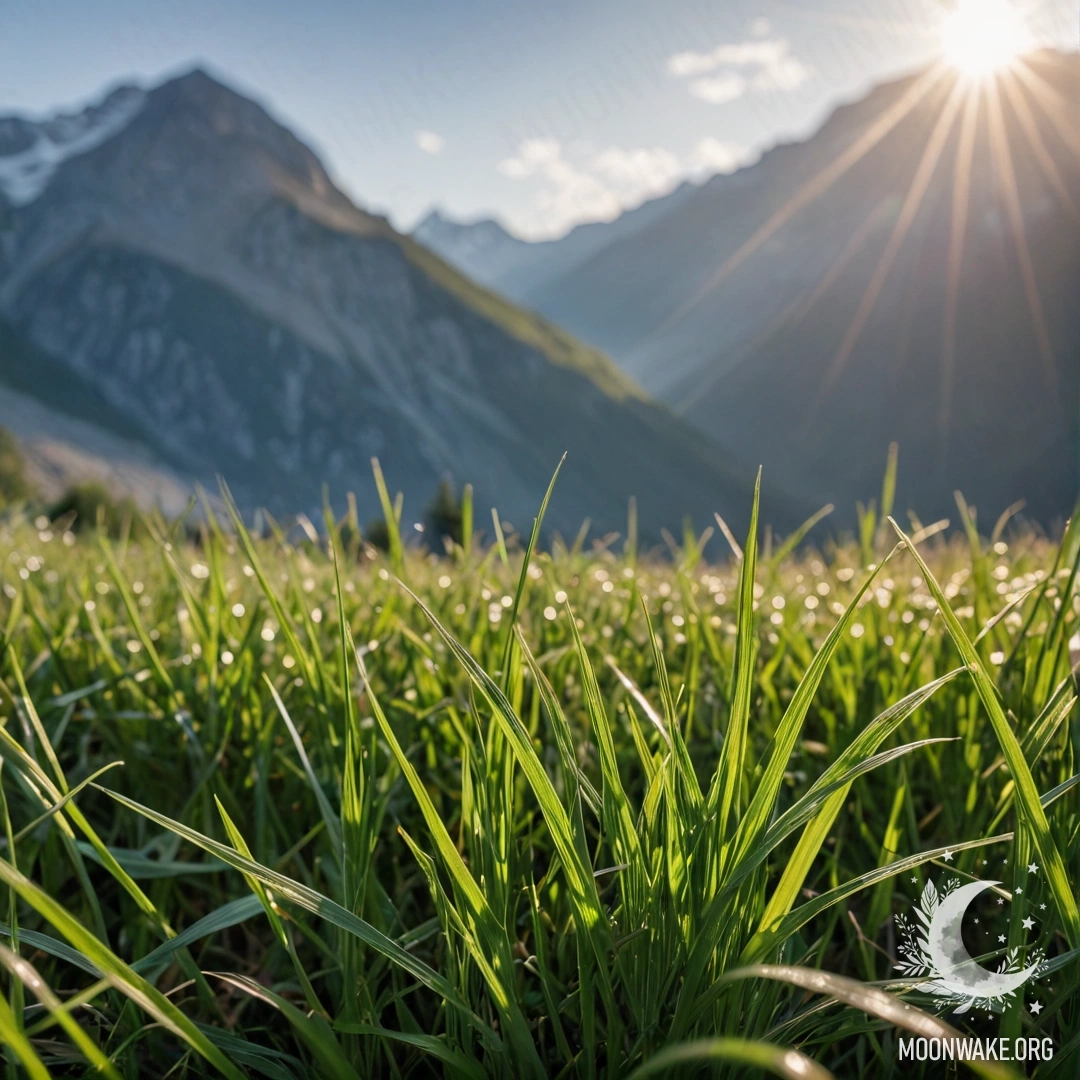 A close-up of grass in a calm field with blurred mountains in the background and sun rays illuminating the scene.