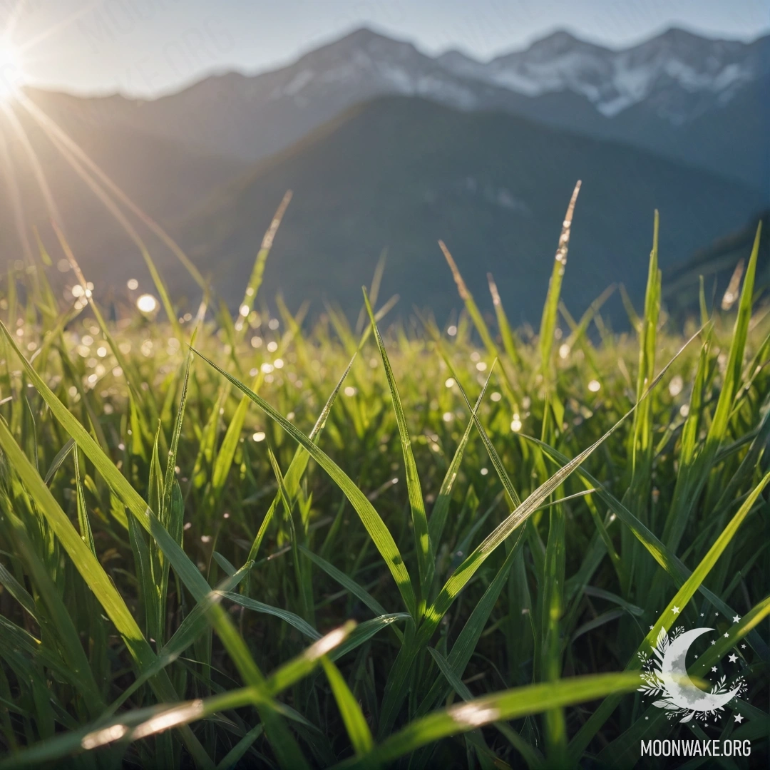 Close-up of grass in a calm field with blurred mountains in the background and lens flares.