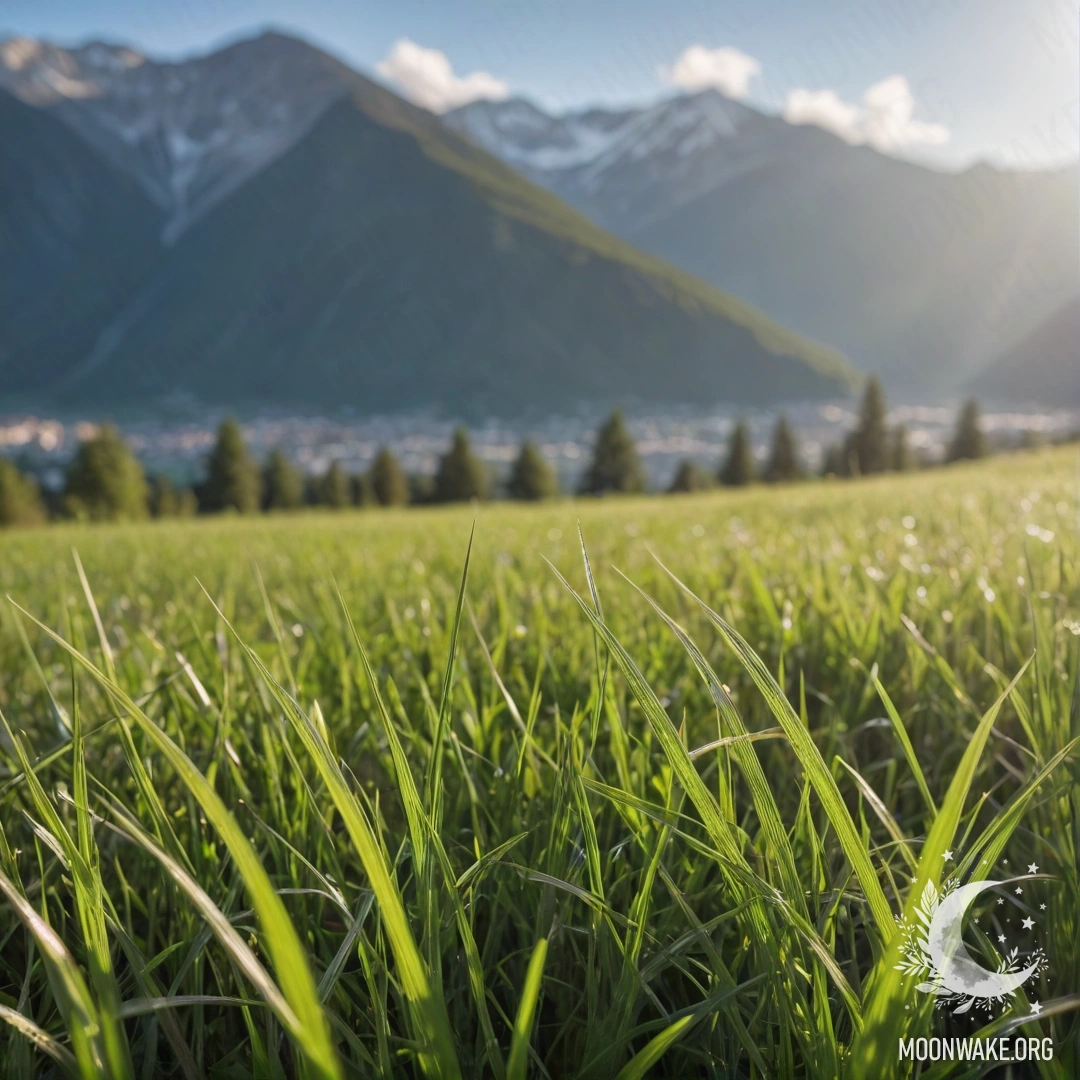 Close-up view of grass in a calm field with blurred mountains in the background.