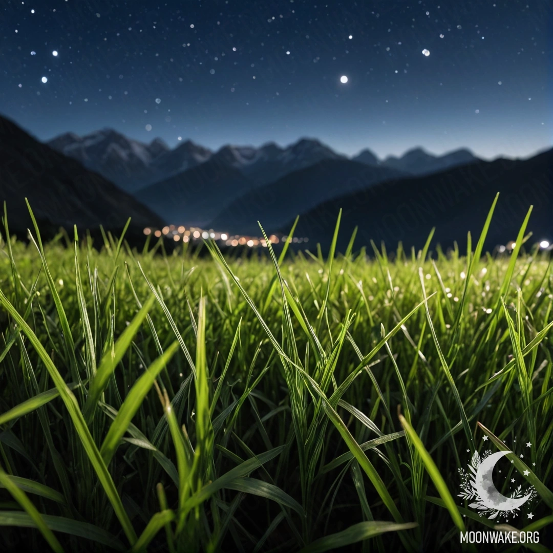 A close-up of grass in a field with blurred mountains in the background at night.