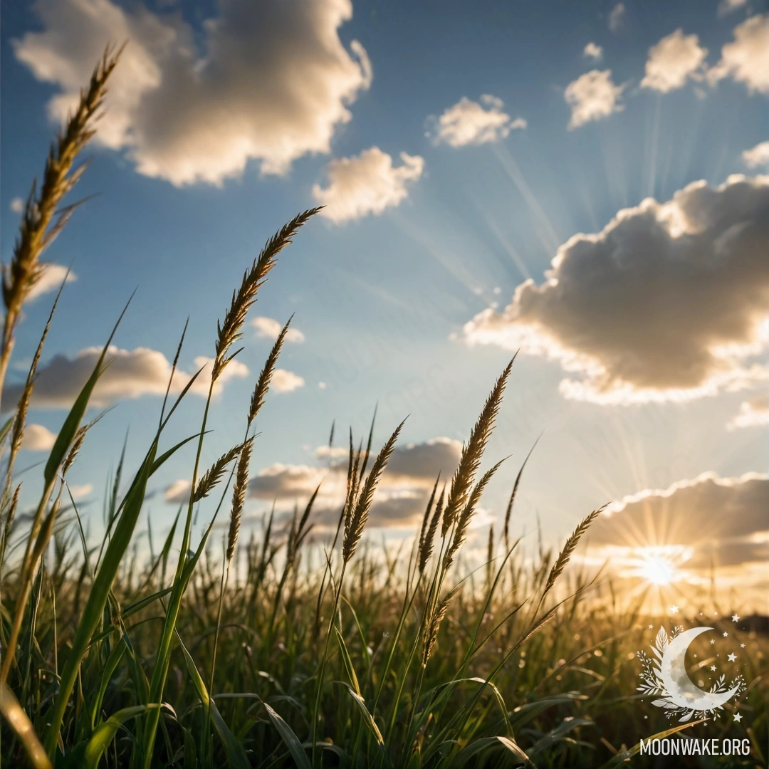 Peaceful Grass Field Under a Bokeh Sky Close-up of grass field against a blurred sky with clouds and sunlight.