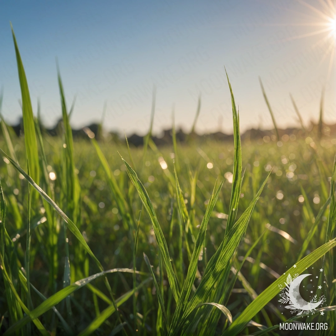 Close-up of grass in a calm field against a blurred sky with lens flares.