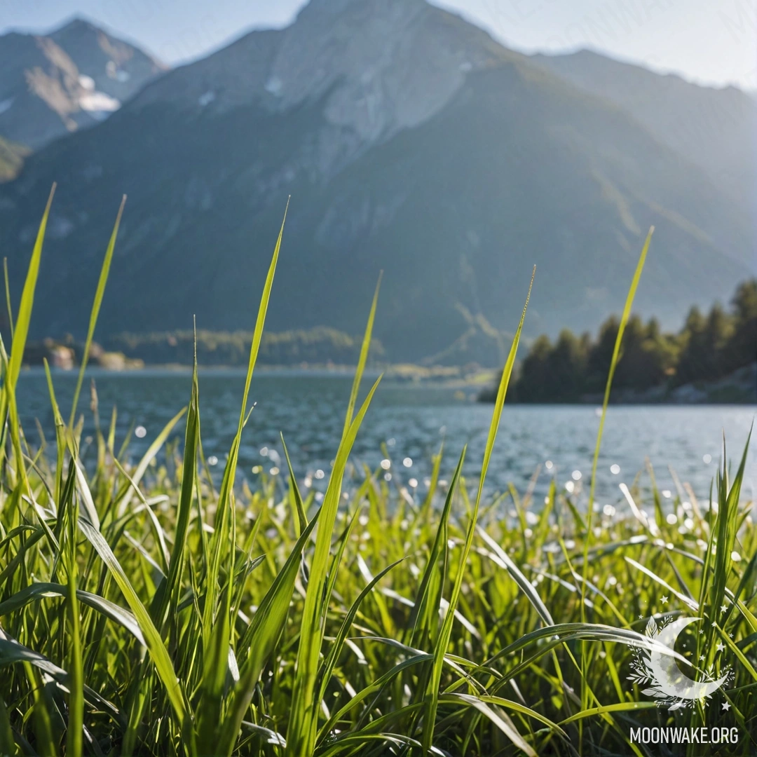 Serenity in a Sunny Field A close-up view of grass in a calm field with blurred mountains and a lake in the background under a sunny sky.