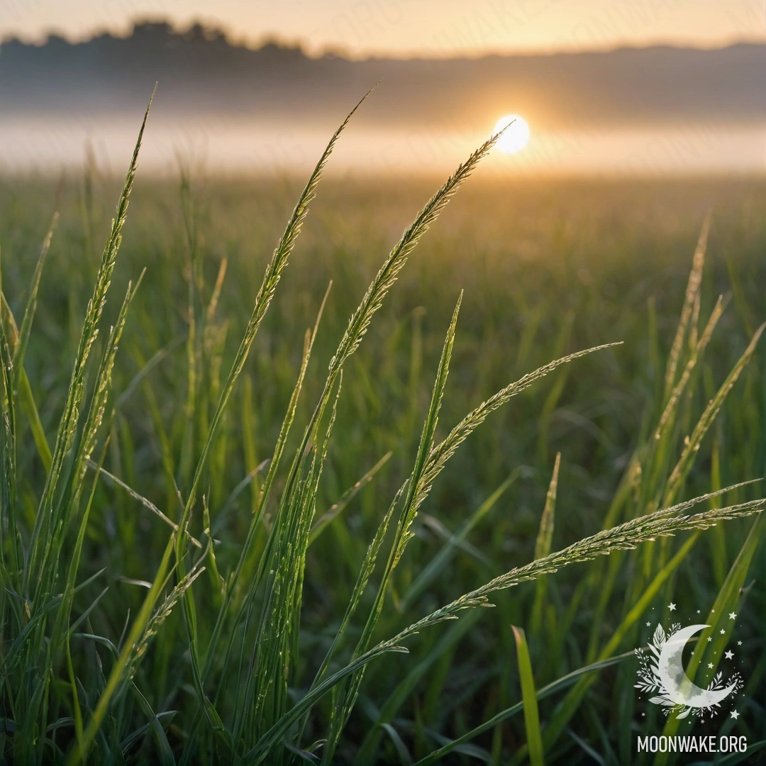 Serene Sunset over a Misty Field A close-up of grass in a calm field with a soft, foggy sunset backdrop.