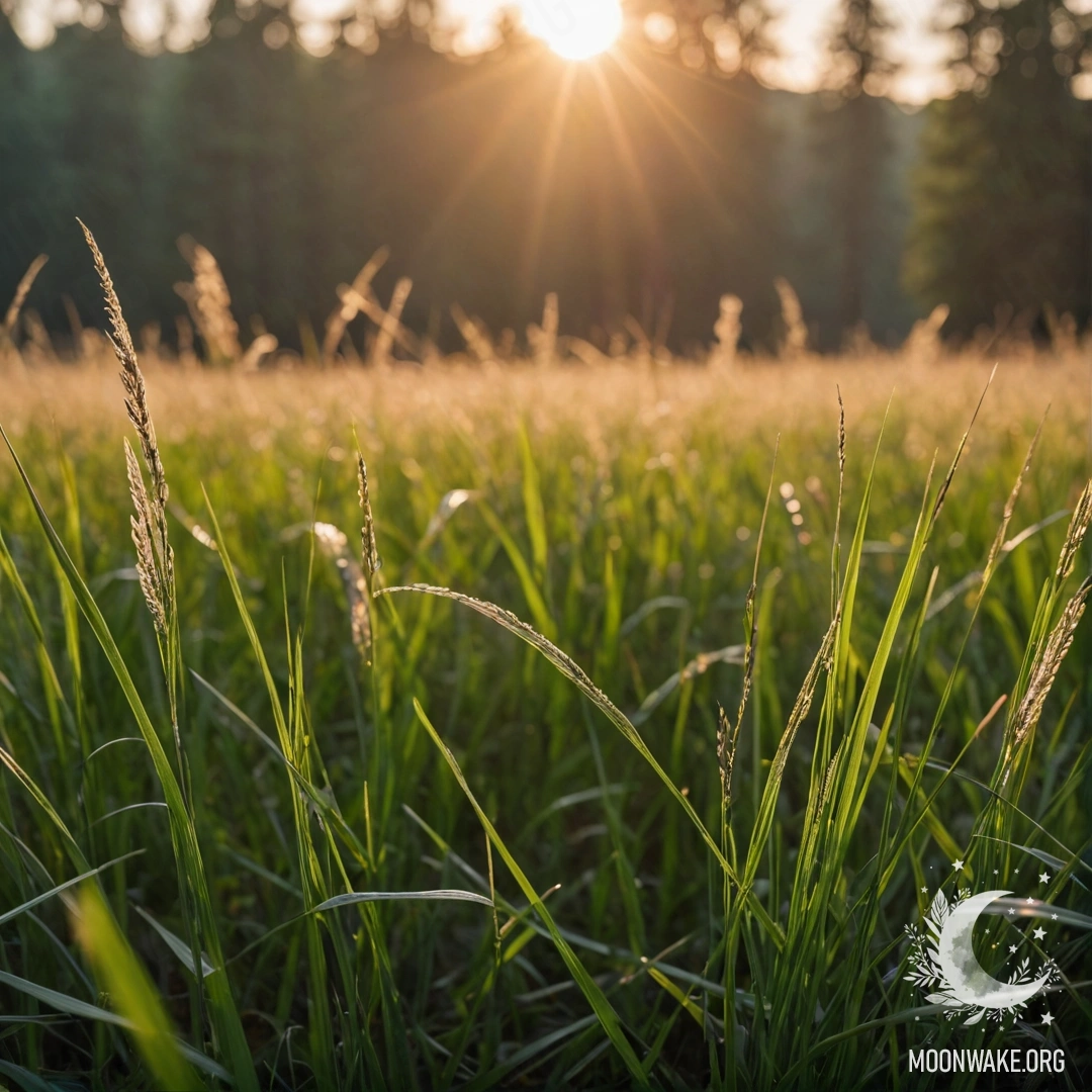 Close-up of grass in a calm field with a blurred forest backdrop during sunset.