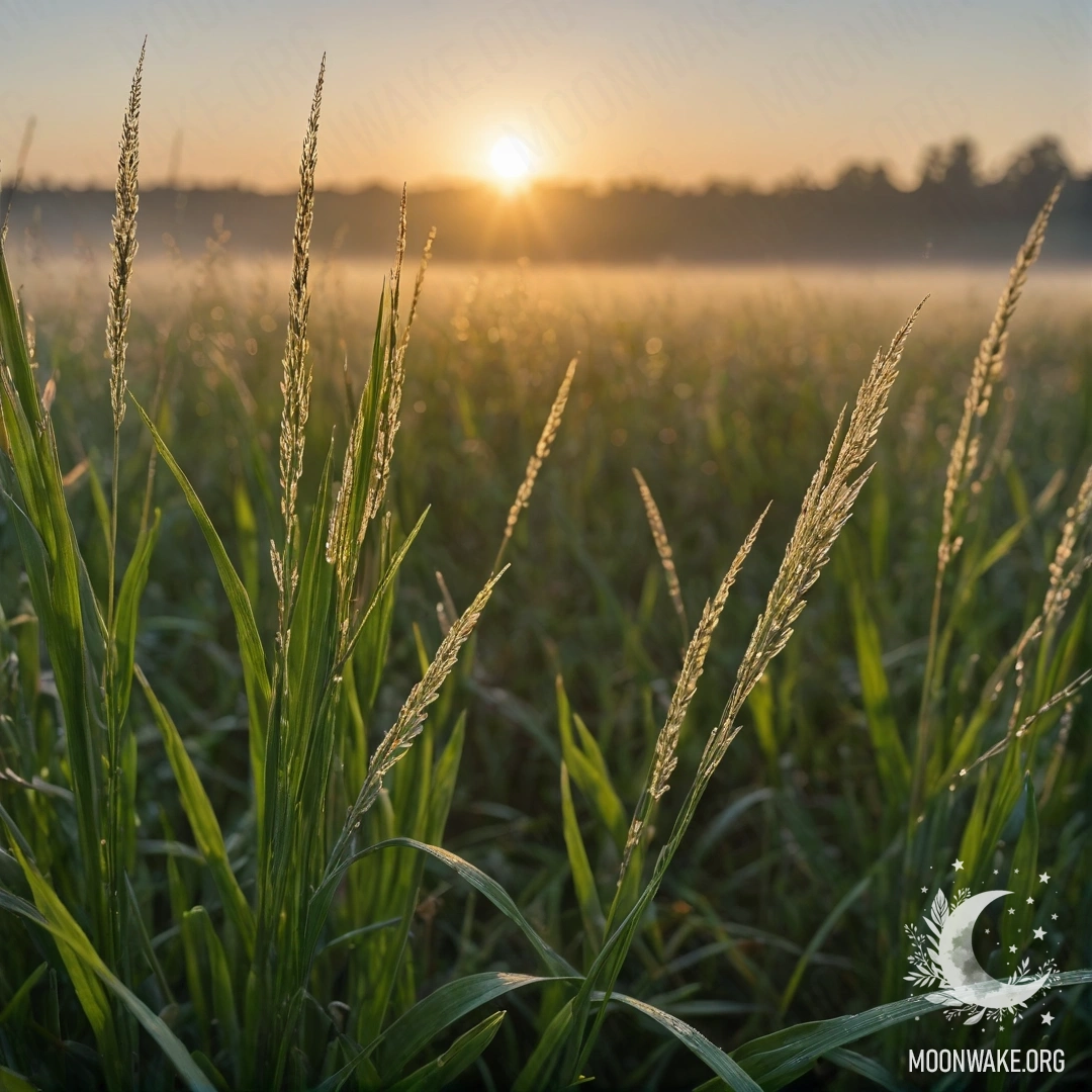 Close-up of grass against a blurry field with sunset fog and sun rays.