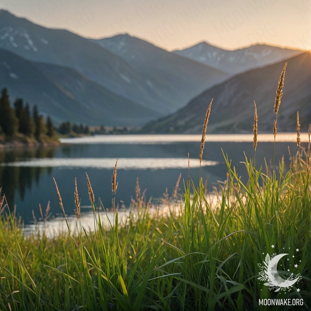 A close-up view of calm grass in a field, with mountains and a lake blurred in the background during sunset.