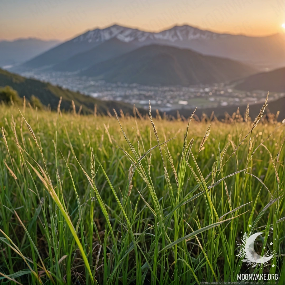 A close-up of grass in a calm field with bokeh mountains in the background during sunset.