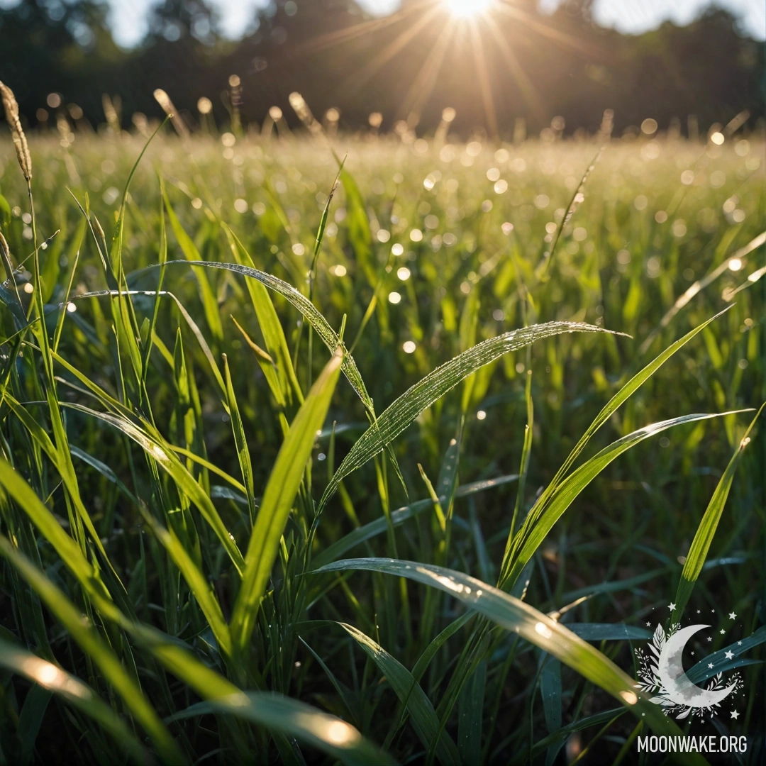 A close-up view of grass and bokeh flowers in a serene field setting.