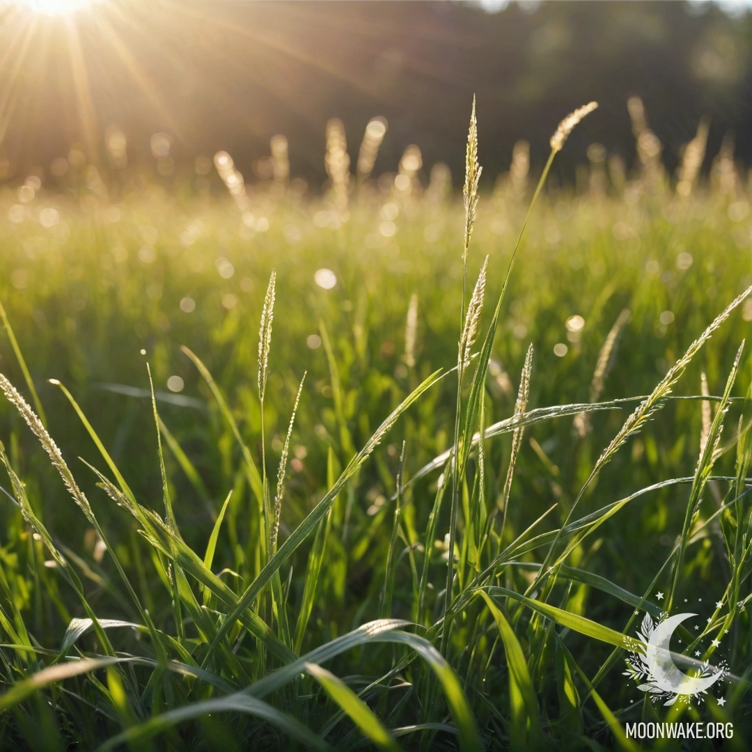 Serene Close-up of Grass and Flowers in Sunlight Close-up view of grass against a bokeh background of flowers with sunlight filtering through.