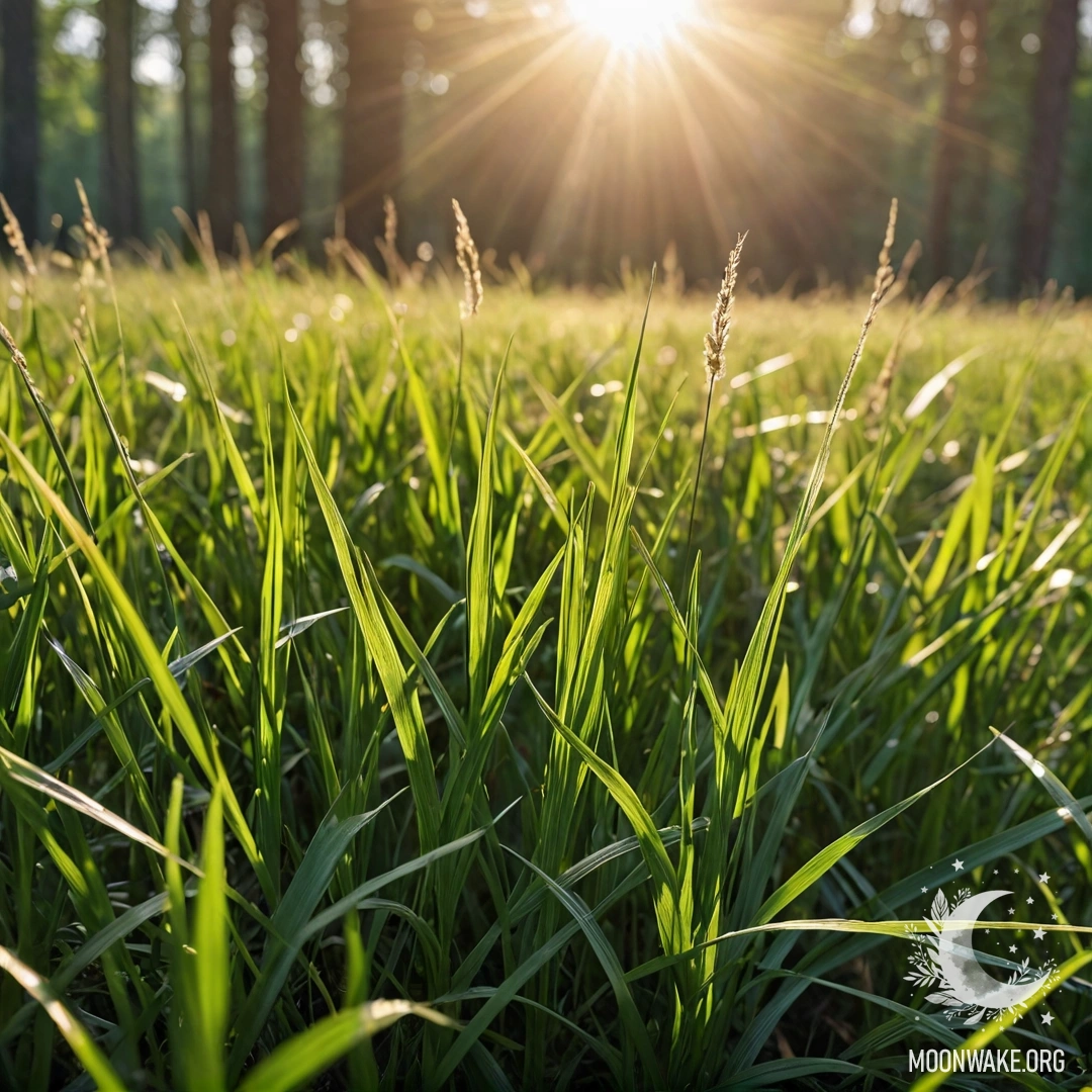 Close-up of a calm grass field against a blurred forest background with sun rays.