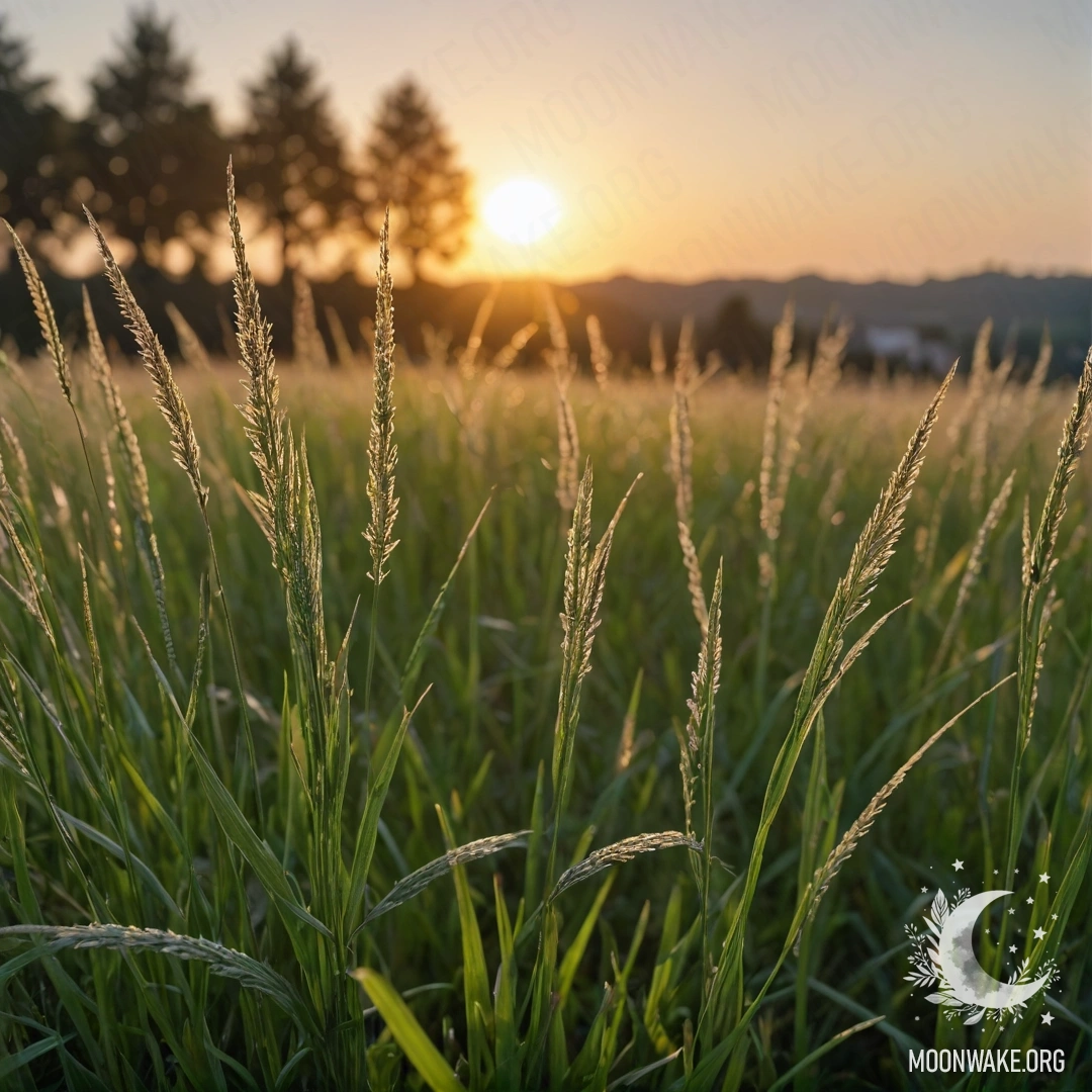 Calm Field at Sunset A close-up of grass in a calm field with a bokeh sunset in the background.