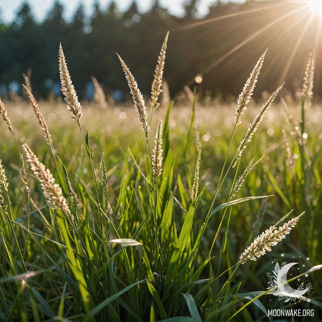 A close-up view of grass in a calm field with bokeh flowers and lens flares.