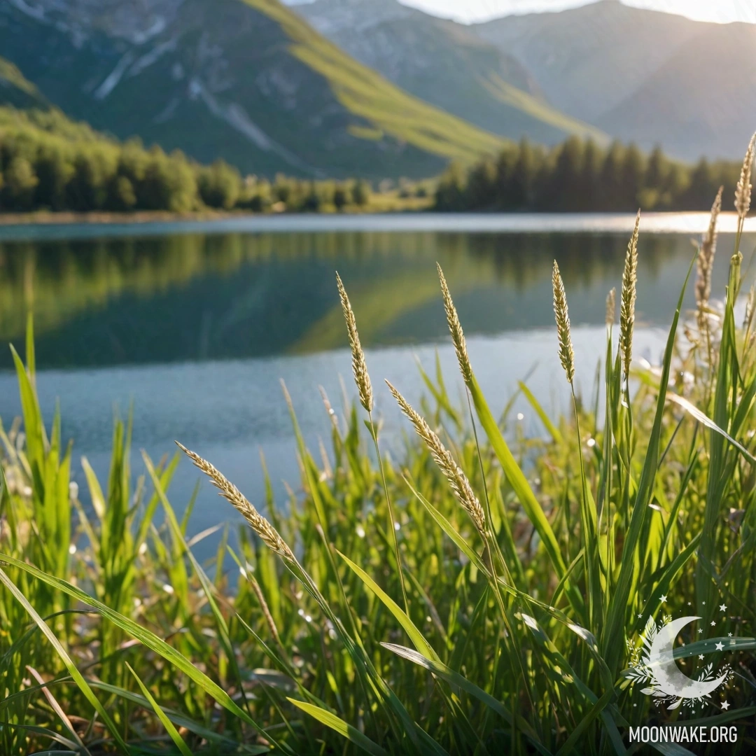 Close-up view of green grass in a calm field with a bokeh background of a mountain lake on a sunny day.
