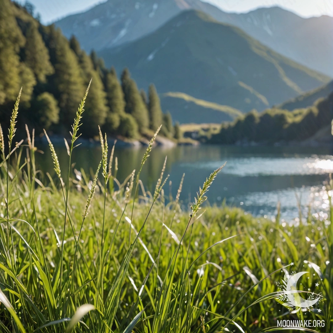 A close up of gentle grass in a calm field with a bokeh of mountains and lake in the background on a sunny day.