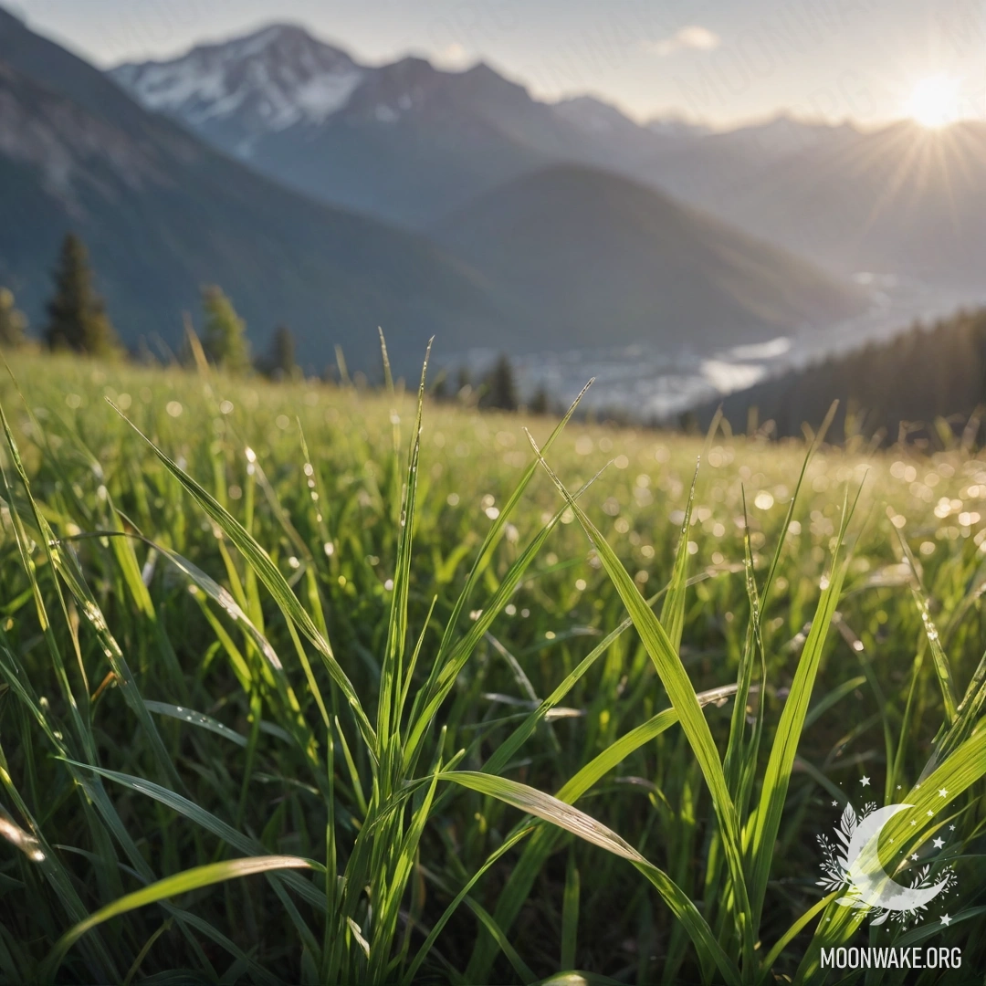 Close-up of calm grass field in front of blurred mountains.