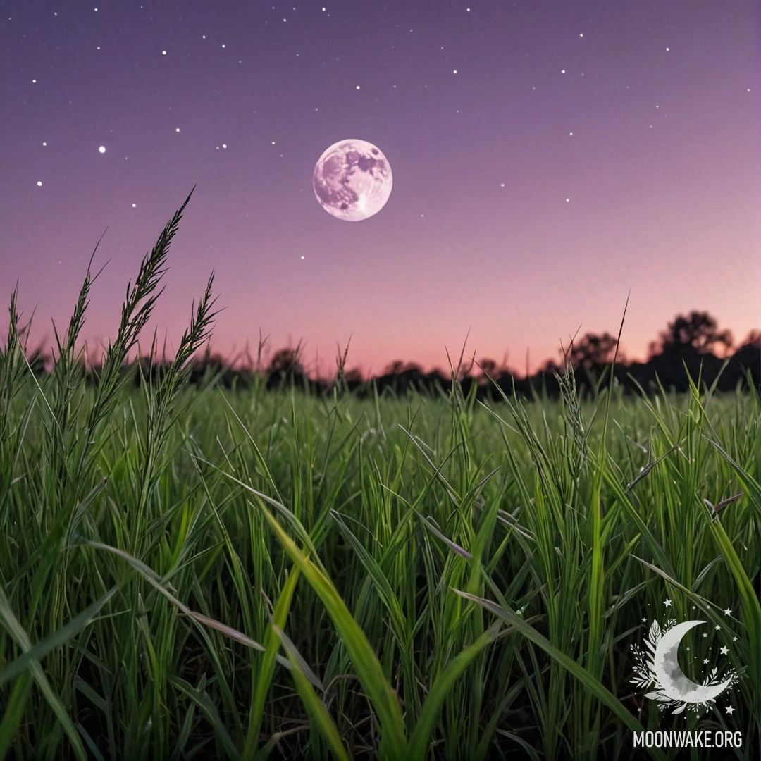 Calm Night in a Field Under a Pink Sky Close up of grass in a calm field against a pink violet sky with the moon at night.