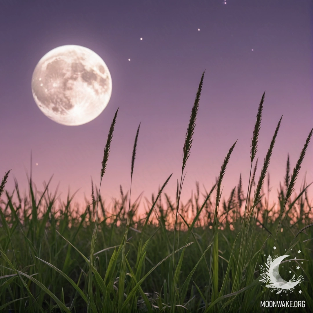 Close-up of green grass in a calm field with a pink and violet sky and the moon.