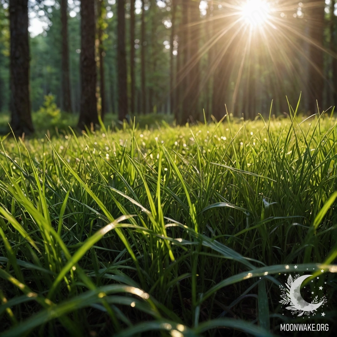 Close-up of grass in a calm field with a blurred forest background at night.