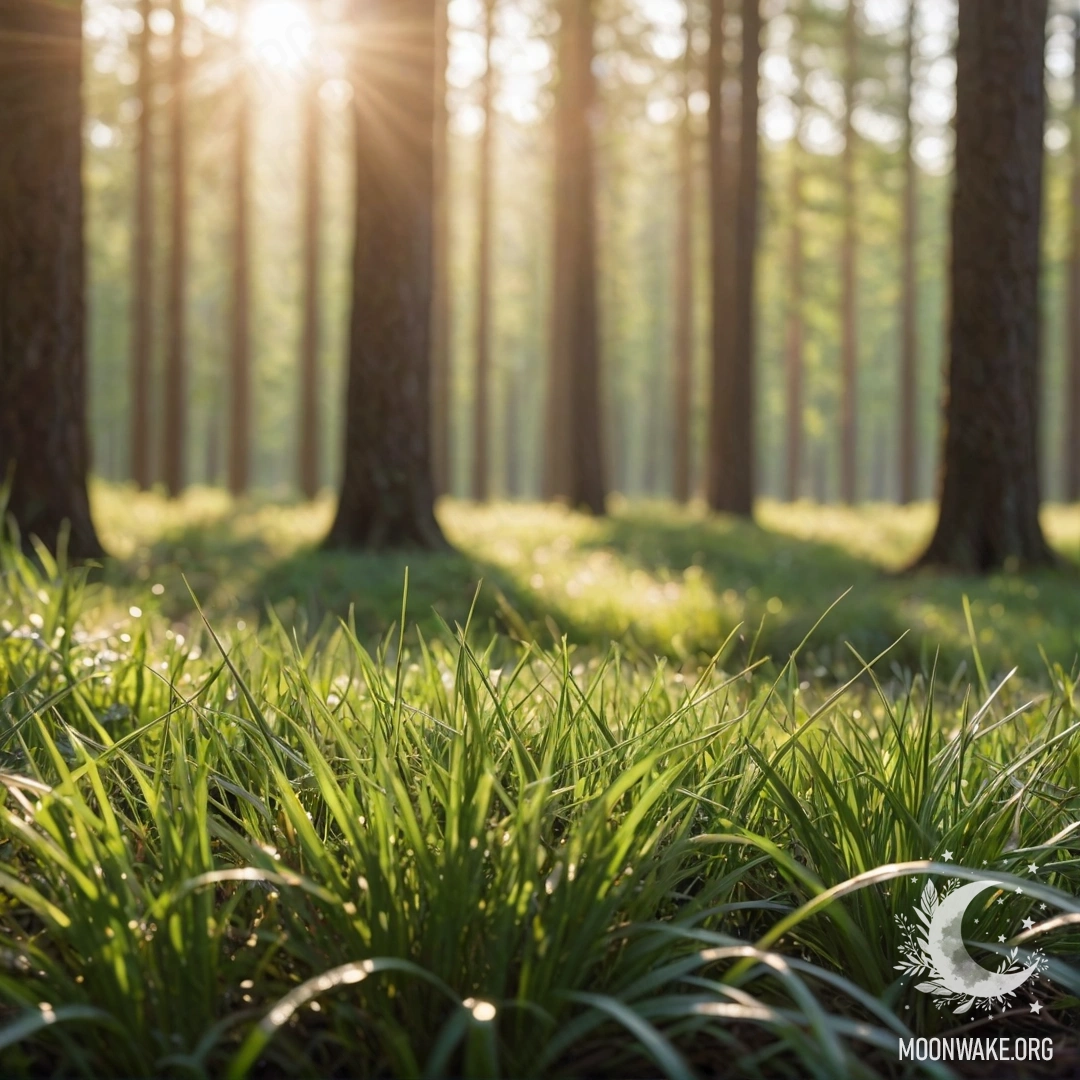 Close-up of grass in a calm field with bokeh forest in the background and sun rays filtering through the trees.