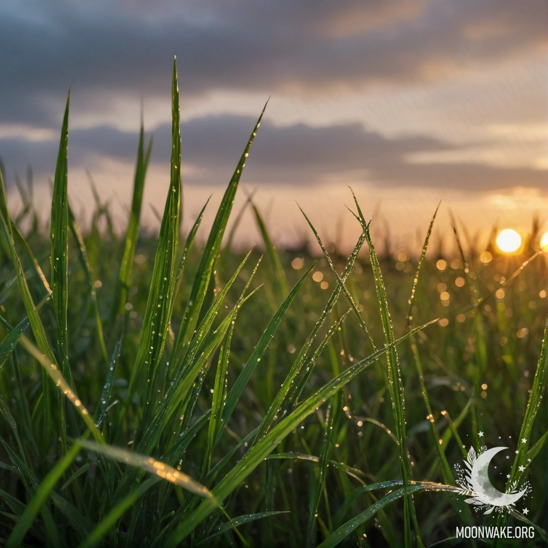 Calm Field at Sunset with Raindrops A close-up view of grass in a calm field illuminated by a bokeh sunset, with raindrops glistening softly.