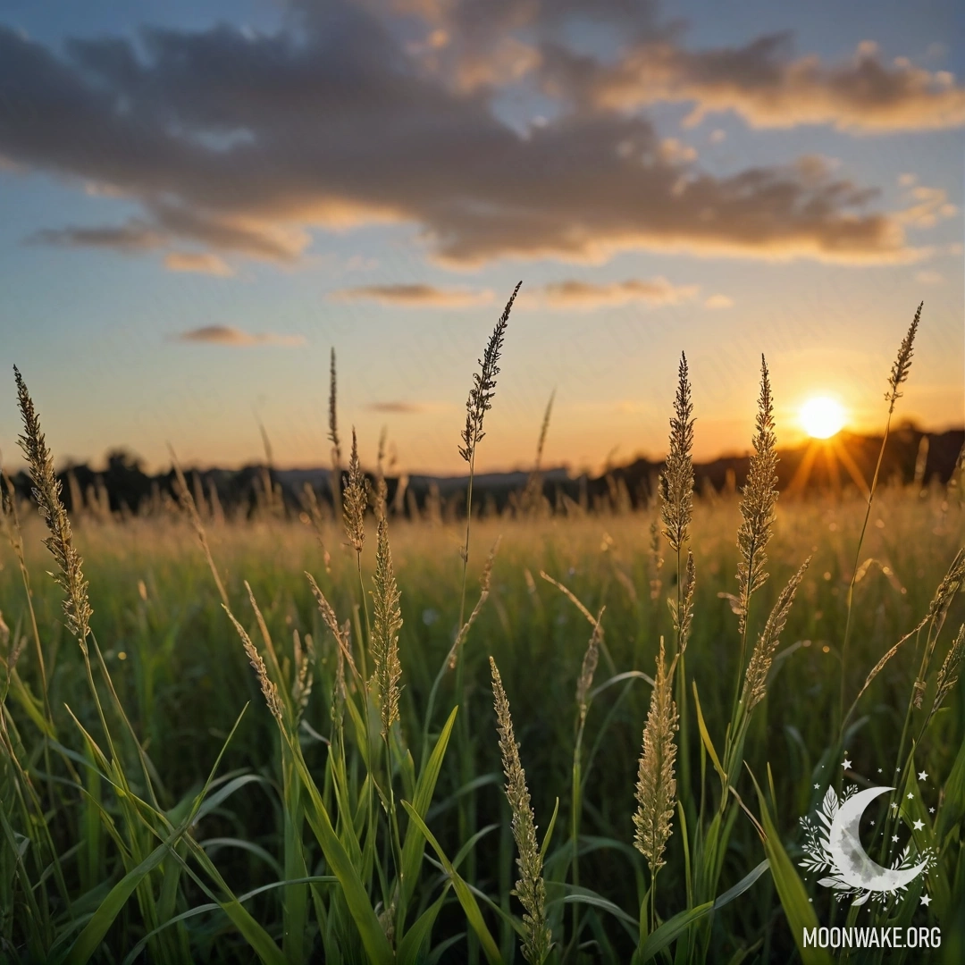 Close-up of grass in a calm field against a bokeh sky with clouds at sunset.